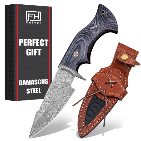 10" Handmade Damascus Steel Knife with Leather Sheath | 300-Layer Ladder Pattern