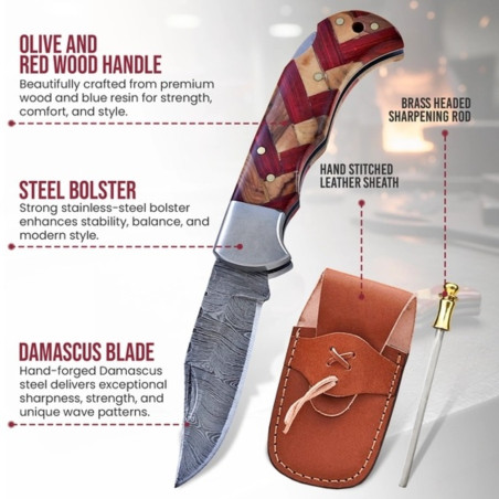 6.5" Handmade Damascus Folding Knife with Artistic Handle + Leather Sheath