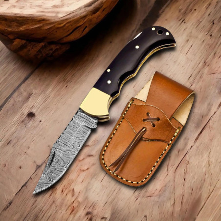 6.5" Handmade Damascus Folding Knife + Leather Sheath | 300-Layer Steel