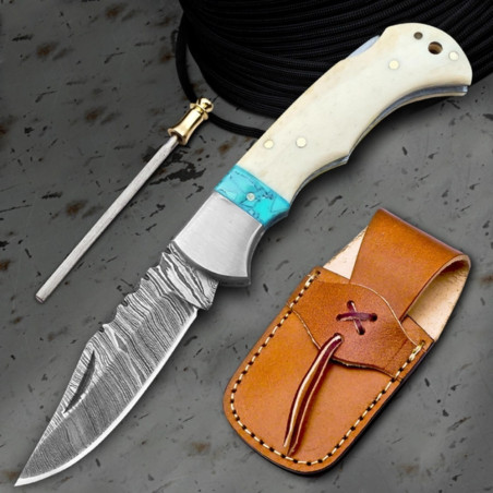6.5" Handmade Damascus Folding Knife + Leather Sheath | 300-Layer Steel