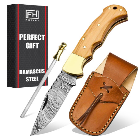 6.5" käsitöö Damaskuse kokkupandav nuga + nahast tupp | 300 kihti