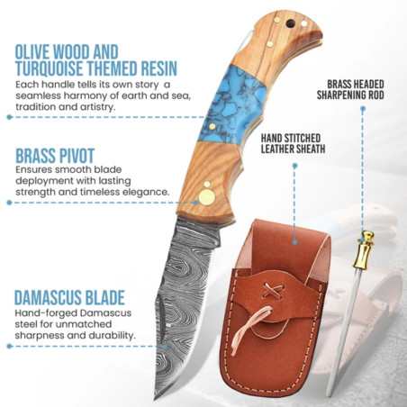 6.5" Handmade Damascus Folding Knife + Leather Sheath | 300-Layer Steel