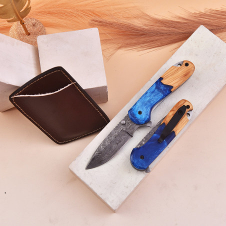 7.0" Damascus Folding Knife Sea Shore Edition | Twist Pattern, Leather Sheath