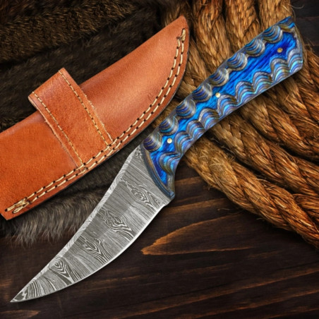 8" Handmade Damascus Knife | Ocean Wave Resin-Stabilized Wood Handle, Leather Sheath