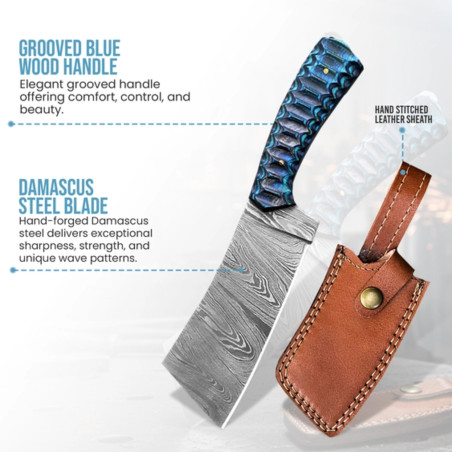 8.25" Handmade Damascus Cleaver Knife | Ocean Scales Resin-Stabilized Handle, Leather Sheath