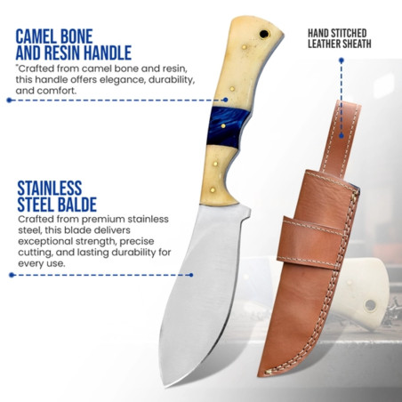 8.5" Handmade Stainless Steel Knife with Camel Bone & Resin Handle + Leather Sheath