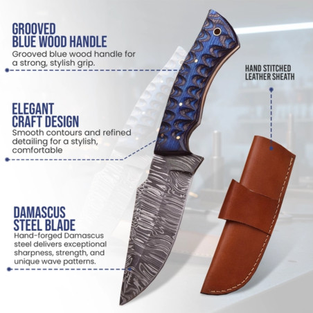 9.5" Handmade Damascus Steel Knife with Grooved Blue Wood Handle & Leather Sheath