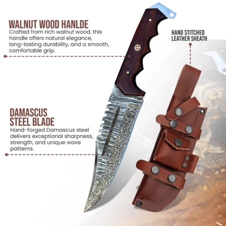 12" Handmade Damascus Steel Knife with Walnut Wood Handle & Tactical Leather Sheath